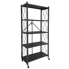 Alston 5 Tier Foldable Shelf Metal Display Rack Floor Standing Storage Capacity 100kg with Wheels for Commercial Retail Stores Bookcase Home Organizer Black