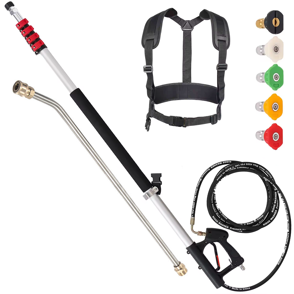 6m Telescoping Pressure Washer Wand Max 4000PSI Length Extendable and Adjustable with Support Belt Spray Wand and 5 Spray Nozzles for High Reach Roof Fence