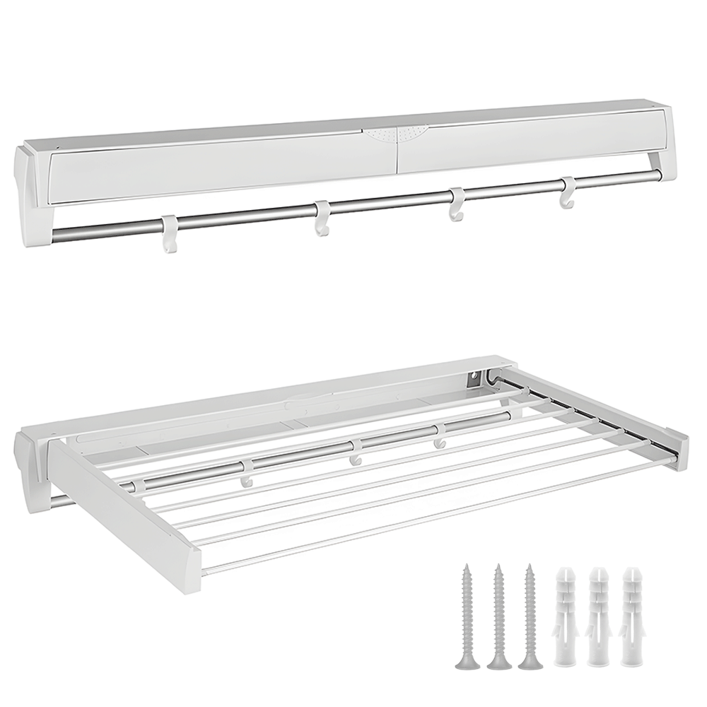 Alston Wall Mounted Drying Rack Clothes Airer Space Saver Folding Dryer Bearing Capacity 25KG Foldable Rail With Hooks Indoor Outdoor Balcony Laundry White