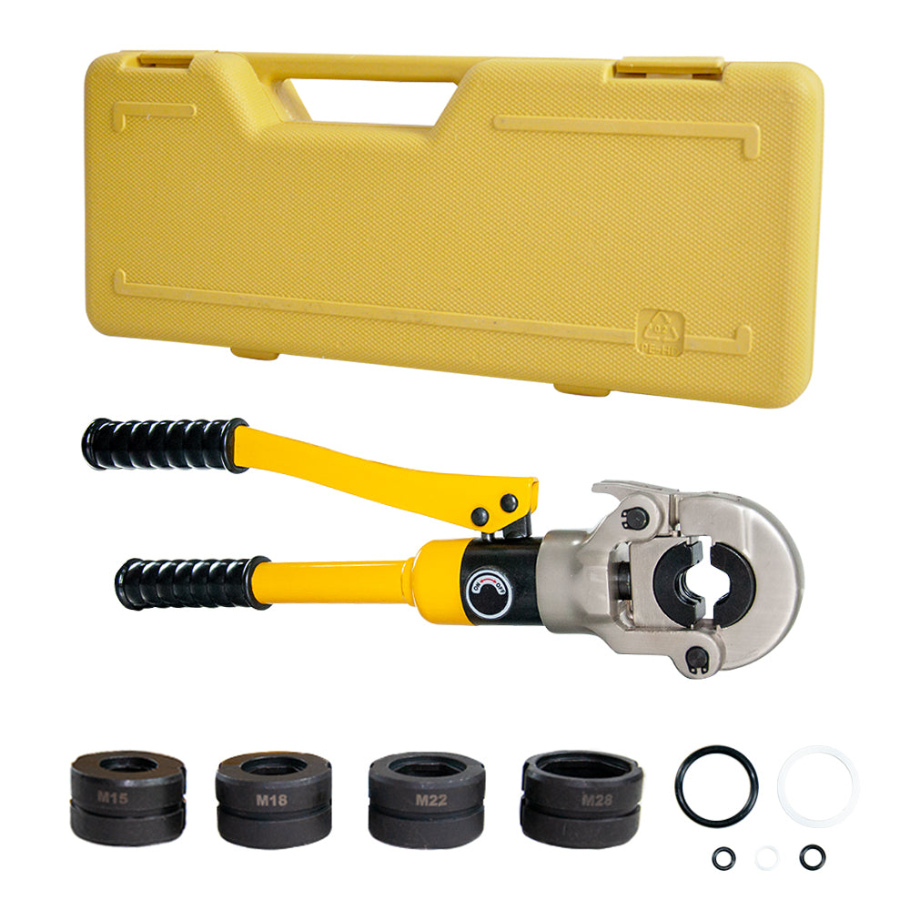 10T Hydraulic Pipe Crimping Tool with 4 M-Profile Dies M15 M18 M22 M28 360 Rotating Head for Compatible Metric Stainless Steel Press Fittings