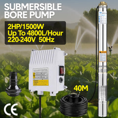 2HP 1500W Submersible Bore Pump 240V Deep Well Water Pump Borehole Water Pump Stainless Steel Max Head 135m for Industrial Irrigation Livestock Home Usec