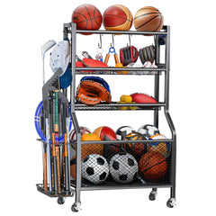 Sports Equipment Organizer Heavy Duty Carbon Steel Ball Storage Rack with 360 Rotating Casters Baskets and 6 Hooks for Garage Sports Gear Toys Storage