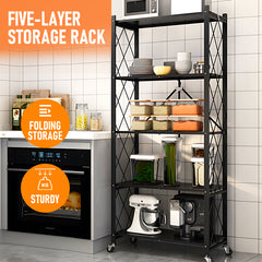 Alston 5 Tier Foldable Shelf Metal Display Rack Floor Standing Storage Capacity 100kg with Wheels for Commercial Retail Stores Bookcase Home Organizer Black