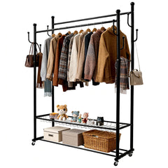 170cm Double Rails Garment Rack Free Standing Clothes Rack with 2-Tier Bottom Shelves and Wheels Metal Coat Stand For Bedroom Hallway Garment Organizer