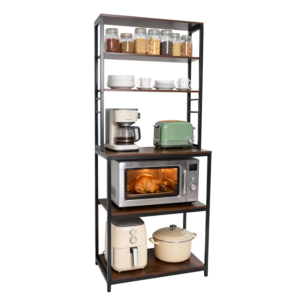 6-Tier Baker's Rack Free Standing Kitchen Storage Rack with Hooks and Adjustable Feet Utility Storage Shelf for Microwave Oven Spices Pot Pan Rustic Brown