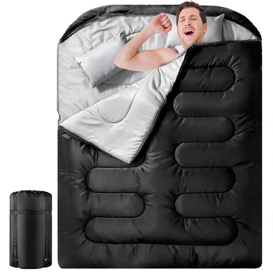 Detachable Double Sleeping Bag with 2 Pillows Queen Size– 2-in-1 Convertible Design Waterproof Warm Lightweight for Camping Hiking & Outdoor Use