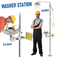 Eye Wash Station Emergency Shower Combination 12 LPM Flow with Pedal Stainless Steel for Mining/Construction | Instant Push Valve Floor Drain Kit