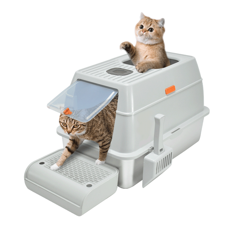 20L Large Anti-Leak Enclosed Cat Litter Box Stainless Steel Detachable Kitty Litter Tray With ABS Lid High Sides Scoop And Ramp Easy Cleanin