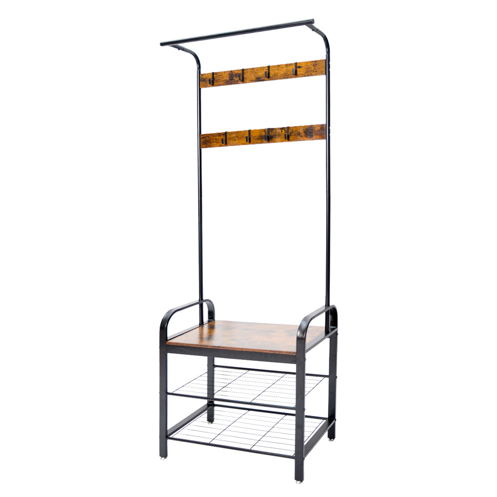 4-In-1 Coat Rack Large Capacity Freestanding Hall Tree 183 High Entryway Bench with 8 Detachable Hooks Hanging Rod and 2-Tier Shoe Storage Rustic Brown