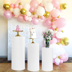 3Pcs Wedding Plinth Ripple Metal Cylinder Pedestal Round Pillars Decoration Table for Party Birthday Wedding Décor Cake Flower Display 60/75/90cm White