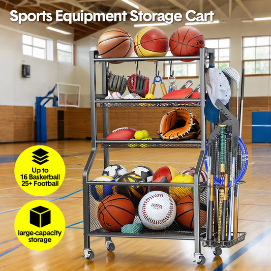 Sports Equipment Organizer Heavy Duty Carbon Steel Ball Storage Rack with 360 Rotating Casters Baskets and 6 Hooks for Garage Sports Gear Toys Storage