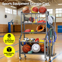 Sports Equipment Organizer Heavy Duty Carbon Steel Ball Storage Rack with 360 Rotating Casters Baskets and 6 Hooks for Garage Sports Gear Toys Storage