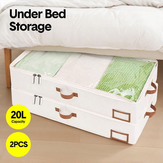 2 Pack Large Under Bed Storage Boxes Dustproof Clothes Storage Bag with Clear Lid/Zipper/Handles For Clothes Blankets Bedding Organizer 85x45x15cm Beige