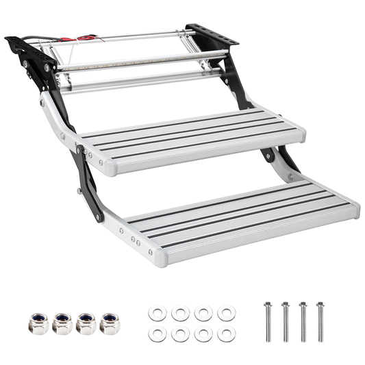 Aluminium Alloy Caravan Double Step Foldable Pull Out Step with 12V LED Light Pedal Manual Telescopic Pedal Anti Skid for Motorhome RV Camper Van 2 Stpes