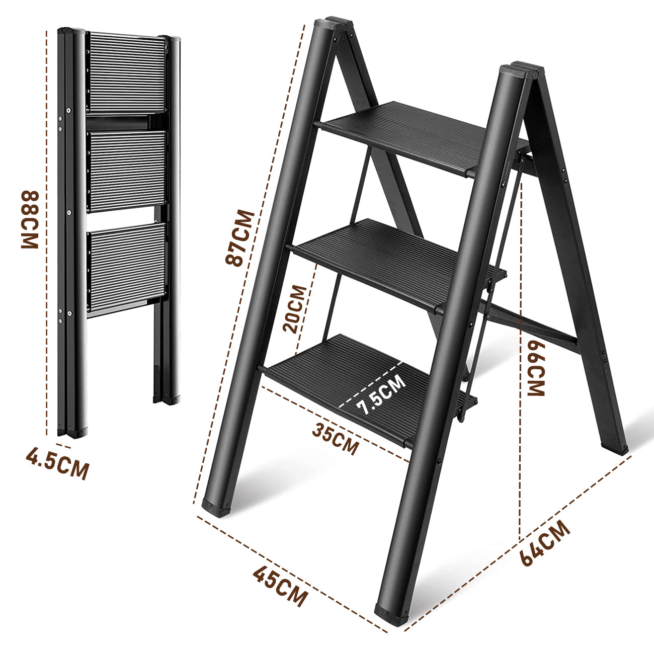 3 Step Folding Ladder Lightweight Aluminum Step Stools for Adults Portable Stepladder Holds up to 150KG, for Household and Office Home Kitchen