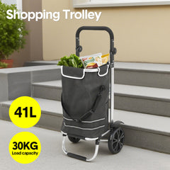 Foldable Shopping Trolley Cart Multifunctional Large Capacity Hand Carry Bag Aluminium Frame with Removable Zipped Bag Side Pockets and Wheels Black