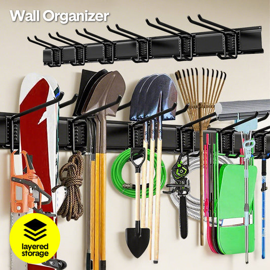Garage Tool Organizer Heavy Duty Wall Mount Storage Rack Steel Garden Tool Hanger  with 6 Removable Hooks for Broom Rake Shovel Yard Tools Max Load 180kg