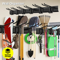 Garage Tool Organizer Heavy Duty Wall Mount Storage Rack Steel Garden Tool Hanger  with 6 Removable Hooks for Broom Rake Shovel Yard Tools Max Load 180kg