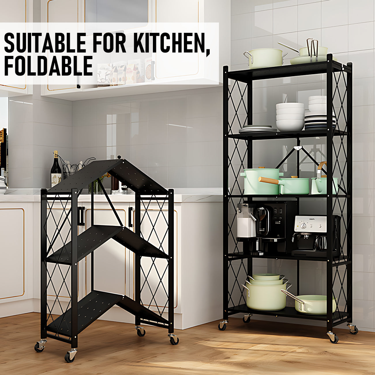 Alston 5 Tier Foldable Shelf Metal Display Rack Floor Standing Storage Capacity 100kg with Wheels for Commercial Retail Stores Bookcase Home Organizer Black