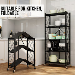 Alston 5 Tier Foldable Shelf Metal Display Rack Floor Standing Storage Capacity 100kg with Wheels for Commercial Retail Stores Bookcase Home Organizer Black