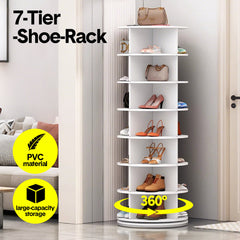 7 Tier Rotating Shoe Rack Handbag Tower Free Standing 360° Spinning Display Organizer 161cm High Round Storage Carousel Vertical Space-Saving White