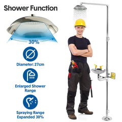 Eye Wash Station Emergency Shower Combination 12 LPM Flow with Pedal Stainless Steel for Mining/Construction | Instant Push Valve Floor Drain Kit