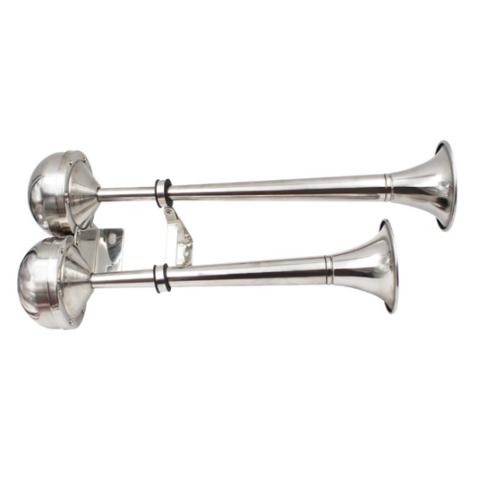 Dual Trumpet Horn – 12V Polished 304 Stainless Steel, Loud Marine/Truck/RV Air Horn with Mounting Kit, No Compressor Needed, Weather-Resistant