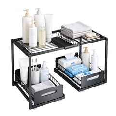 Under the Sink Organizer 2-Tier 65-73cm Expandable Steel Cabinet Rack with Removable Sliding Baskets and 2 Pull-out Drawers for Kitchen Bathroom Cabinet