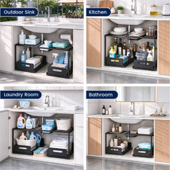 Under the Sink Organizer 2-Tier 65-73cm Expandable Steel Cabinet Rack with Removable Sliding Baskets and 2 Pull-out Drawers for Kitchen Bathroom Cabinet