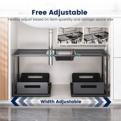 Under the Sink Organizer 2-Tier 65-73cm Expandable Steel Cabinet Rack with Removable Sliding Baskets and 2 Pull-out Drawers for Kitchen Bathroom Cabinet