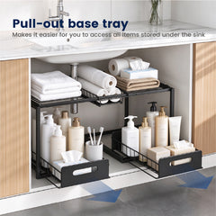 Under the Sink Organizer 2-Tier 65-73cm Expandable Steel Cabinet Rack with Removable Sliding Baskets and 2 Pull-out Drawers for Kitchen Bathroom Cabinet
