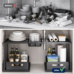Under the Sink Organizer 2-Tier 65-73cm Expandable Steel Cabinet Rack with Removable Sliding Baskets and 2 Pull-out Drawers for Kitchen Bathroom Cabinet
