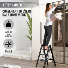3 Step Folding Ladder Lightweight Aluminum Step Stools for Adults Portable Stepladder Holds up to 150KG, for Household and Office Home Kitchen