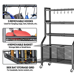 Sports Equipment Organizer Heavy Duty Carbon Steel Ball Storage Rack with 360 Rotating Casters Baskets and 6 Hooks for Garage Sports Gear Toys Storage