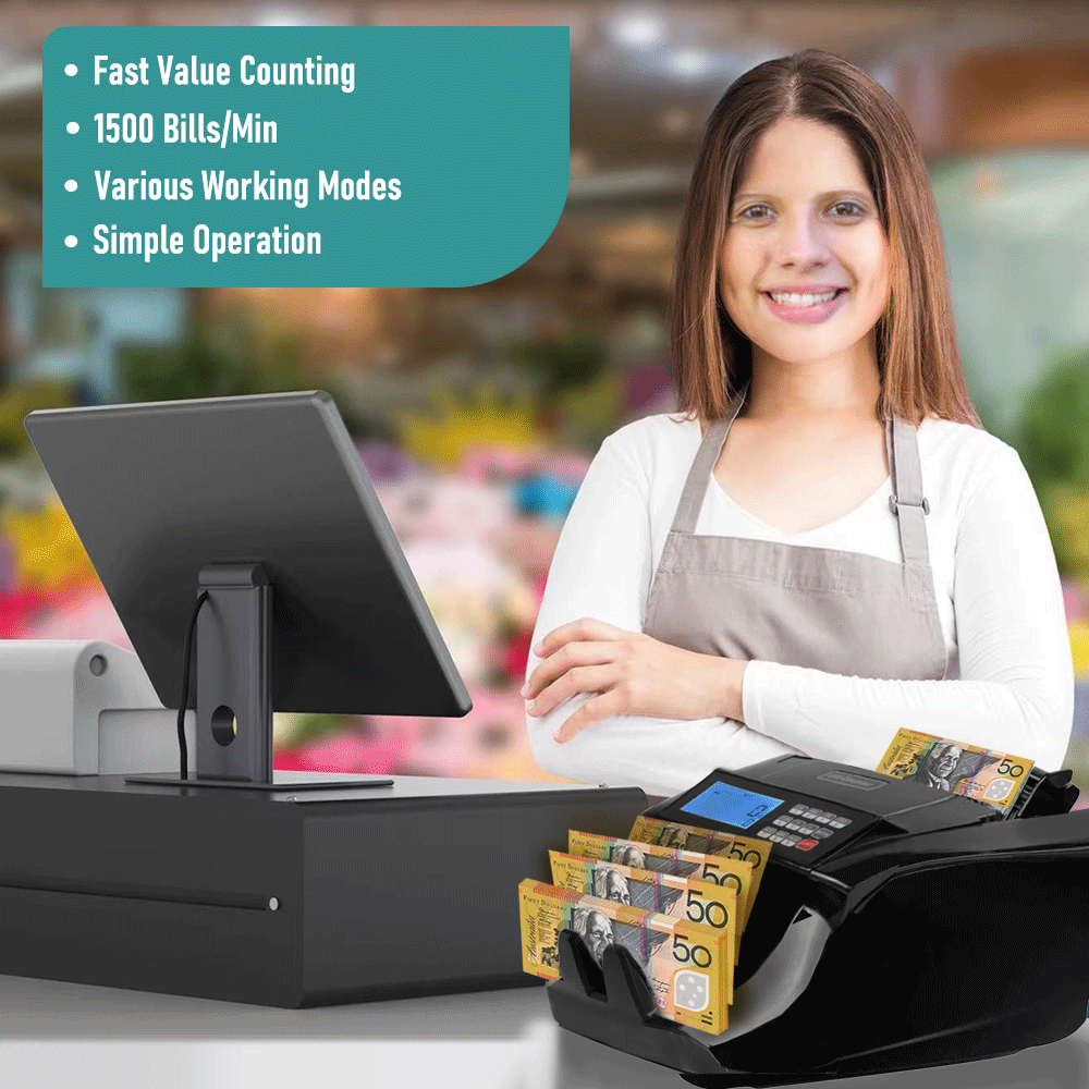Automatic Money Counter Bill Counter High Speed Cash Bill Counting with UV MG IR Counterfeit Detection and Large Digital Display for Australia Banknotes