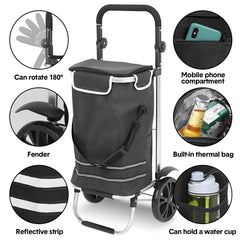 Foldable Shopping Trolley Cart Multifunctional Large Capacity Hand Carry Bag Aluminium Frame with Removable Zipped Bag Side Pockets and Wheels Black