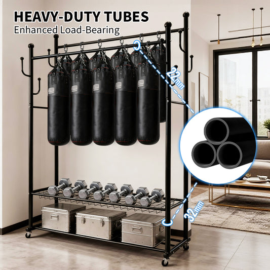 170cm Double Rails Garment Rack Free Standing Clothes Rack with 2-Tier Bottom Shelves and Wheels Metal Coat Stand For Bedroom Hallway Garment Organizer