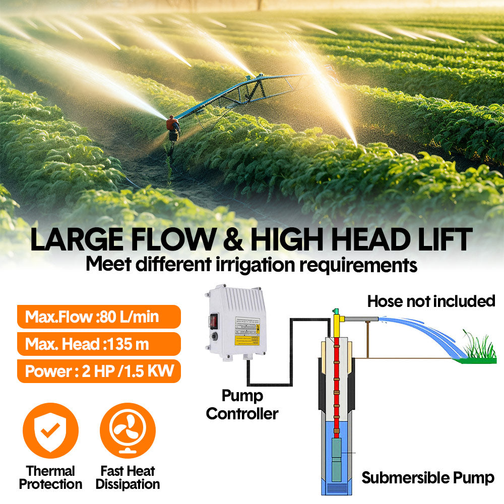 2HP 1500W Submersible Bore Pump 240V Deep Well Water Pump Borehole Water Pump Stainless Steel Max Head 135m for Industrial Irrigation Livestock Home Usec