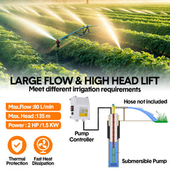2HP 1500W Submersible Bore Pump 240V Deep Well Water Pump Borehole Water Pump Stainless Steel Max Head 135m for Industrial Irrigation Livestock Home Usec