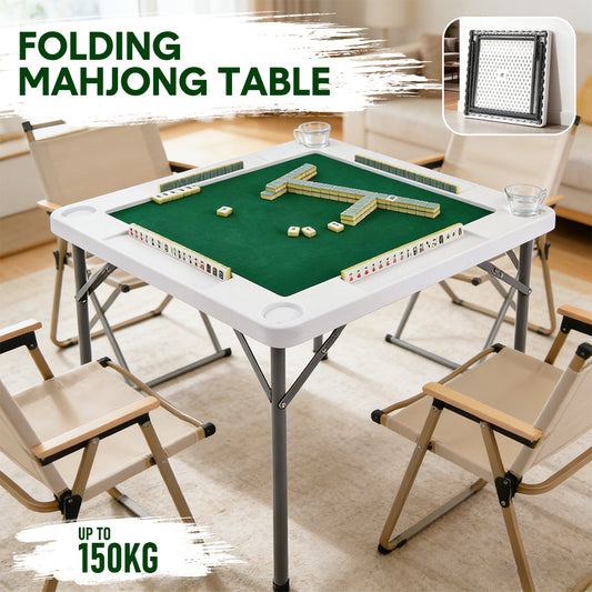 87cm Folding Mahjong Table 4-Player Square Card Game Table with Green Tabletop 4 Cup Holders and 4 Card Slots for Mahjong Poker Domino Game Max Load 150kg