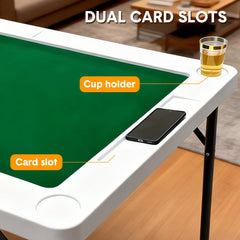 87cm Folding Mahjong Table 4-Player Square Card Game Table with Green Tabletop 4 Cup Holders and 4 Card Slots for Mahjong Poker Domino Game Max Load 150kg