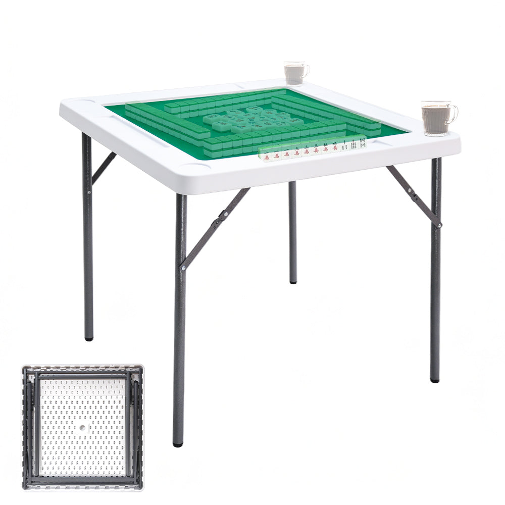 87cm Folding Mahjong Table 4-Player Square Card Game Table with Green Tabletop 4 Cup Holders and 4 Card Slots for Mahjong Poker Domino Game Max Load 150kg
