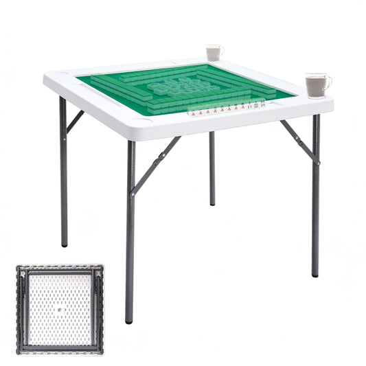 87cm Folding Mahjong Table 4-Player Square Card Game Table with Green Tabletop 4 Cup Holders and 4 Card Slots for Mahjong Poker Domino Game Max Load 150kg