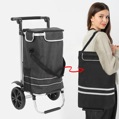 Foldable Shopping Trolley Cart Multifunctional Large Capacity Hand Carry Bag Aluminium Frame with Removable Zipped Bag Side Pockets and Wheels Black