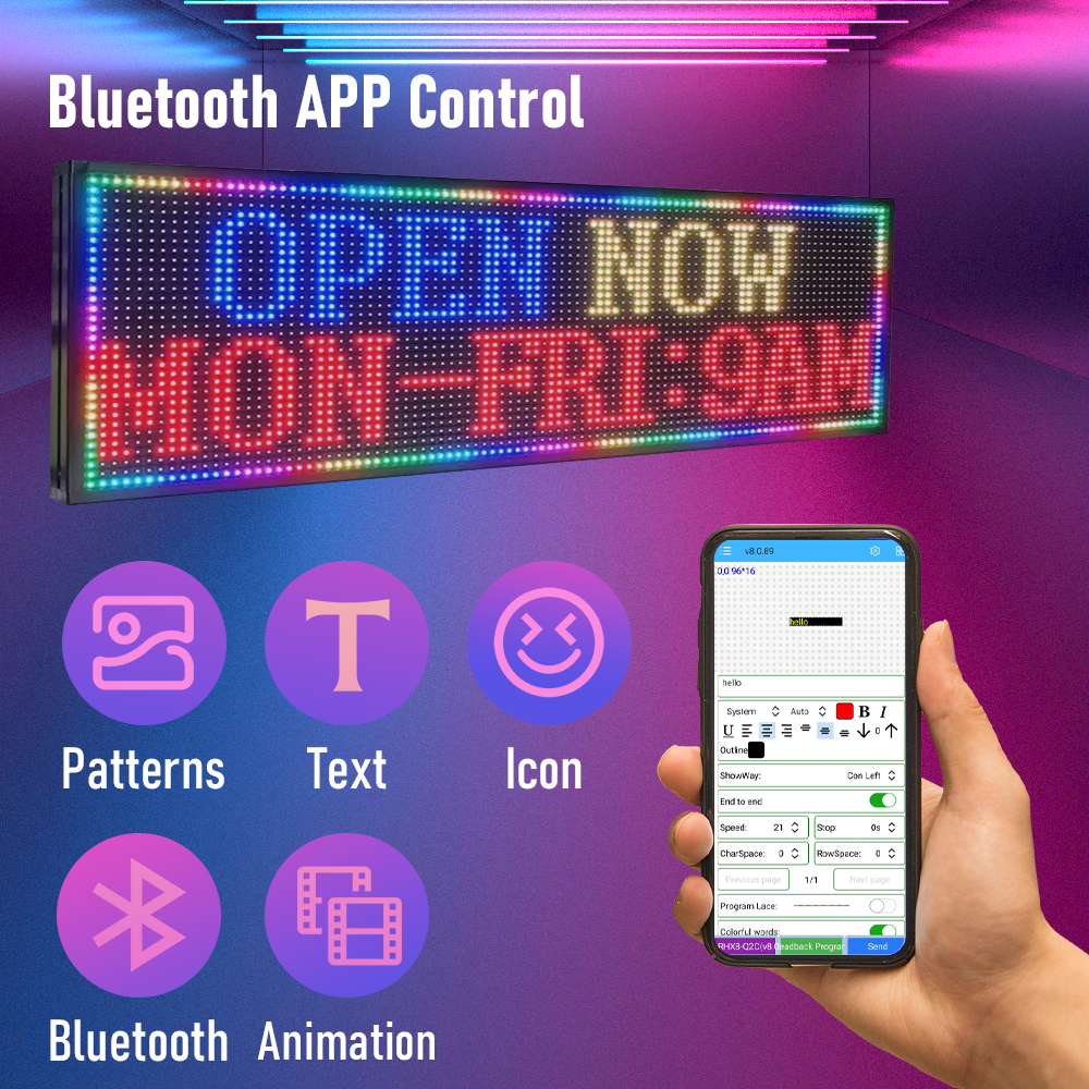 LED Scrolling Sign 40'' x 8'' Wi-Fi Connectivity 96 x 16 Pixels 7-Color Display