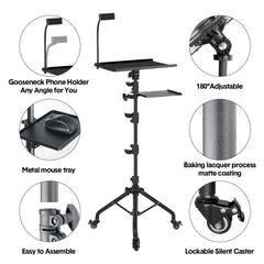 Mobile Laptop Tripod Stand 11-16 Inch on Wheels 82-170cm Height Adjustable Projector Stand Portable Stand with Gooseneck Phone Holder for Home Office