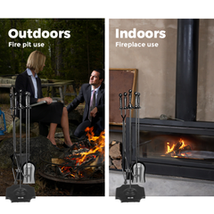 Fireplace Tool Set Fire Pit Stand Black Cast Iron Tongs 5 PCS  Caddy Poker Shovel Brush Clipper Holder Tools Kit 81cm for Indoor and Outdoor Classic
