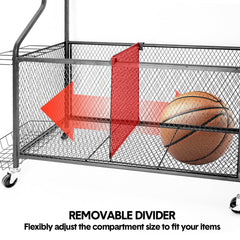 Sports Equipment Organizer Heavy Duty Carbon Steel Ball Storage Rack with 360 Rotating Casters Baskets and 6 Hooks for Garage Sports Gear Toys Storage