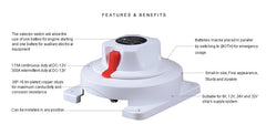 SEAFLO Marine Battery Selector Switch 300A Intermittent Duty  3-Position with Tin-Plated Copper Studs 5.5" Compact for Boats/RVs