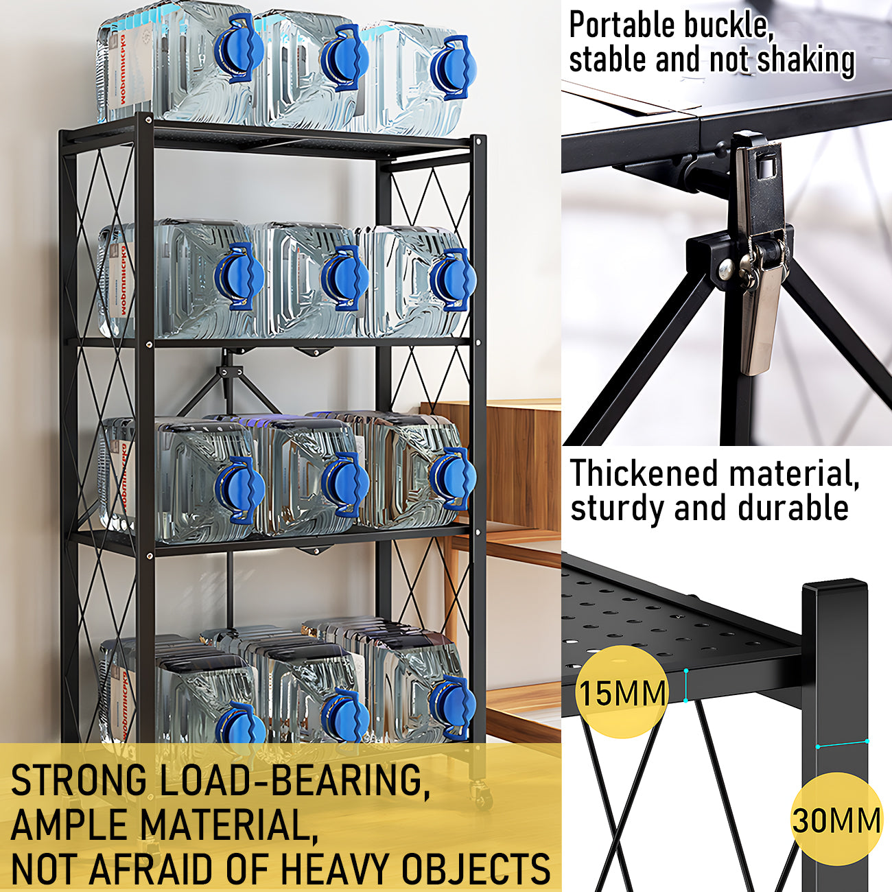 Alston 5 Tier Foldable Shelf Metal Display Rack Floor Standing Storage Capacity 100kg with Wheels for Commercial Retail Stores Bookcase Home Organizer Black